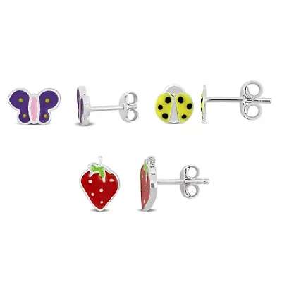 Kid's 2-Piece Set Butterfly, Ladybug & Strawberry Enamel Earrings in Sterling Silver