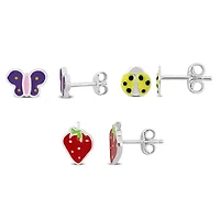 Kid's 2-Piece Set Butterfly, Ladybug & Strawberry Enamel Earrings in Sterling Silver