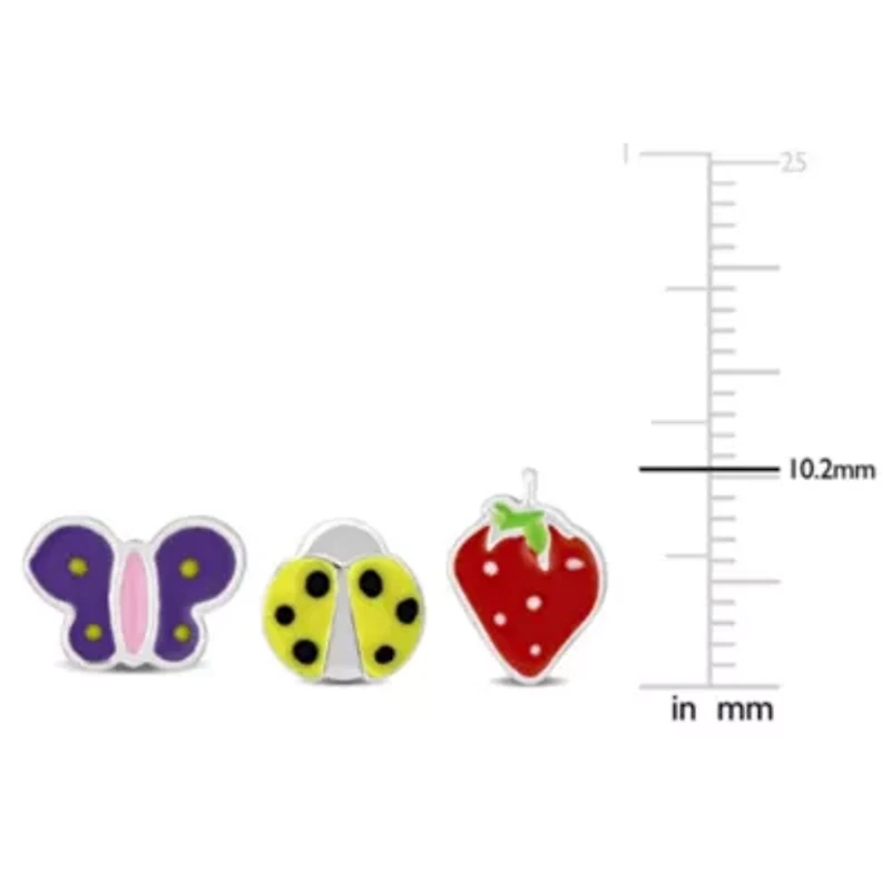 Kid's 2-Piece Set Butterfly, Ladybug & Strawberry Enamel Earrings in Sterling Silver