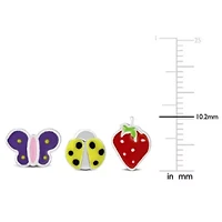 Kid's 2-Piece Set Butterfly, Ladybug & Strawberry Enamel Earrings in Sterling Silver