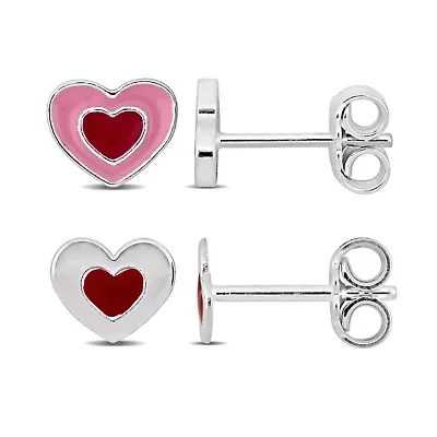 Kid's 2-Piece Set Heart Enamel Stud Earrings in Sterling Silver