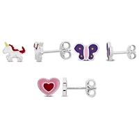 Kid's 2-Piece Set Unicor, Butterfly & Heart Enamel Earrings in Sterling Silver