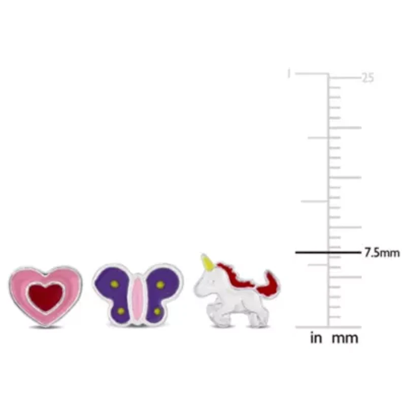 Kid's 2-Piece Set Unicor, Butterfly & Heart Enamel Earrings in Sterling Silver