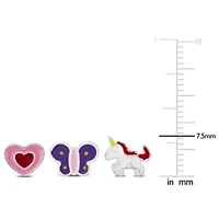 Kid's 2-Piece Set Unicor, Butterfly & Heart Enamel Earrings in Sterling Silver