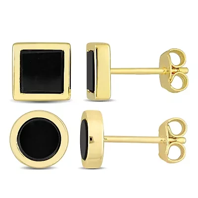 Men's 2-Piece Set Black Onyx Earrings in Yellow Plated Sterling Silver