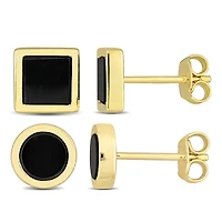 Men's 2-Piece Set Black Onyx Earrings in Yellow Plated Sterling Silver