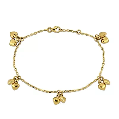 Kid'S Double Heart Charm Station Bracelet In 14K Yellow Gold - 6.5"+ 0.5" Ext.