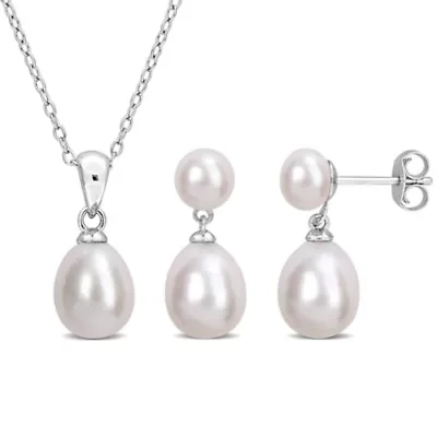 2-Piece Set 8-8.5mm & 5.5-6mm Freshwater Cultured Pearl Earrings & Pendant in Sterling Silver
