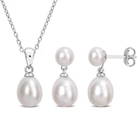 2-Piece Set 8-8.5mm & 5.5-6mm Freshwater Cultured Pearl Earrings & Pendant in Sterling Silver