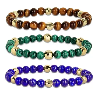 Men's 3-Piece Set Multi Gemstone Stretchable Bracelet in Yellow Plated Sterling Silver
