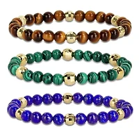 Men's 3-Piece Set Multi Gemstone Stretchable Bracelet in Yellow Plated Sterling Silver