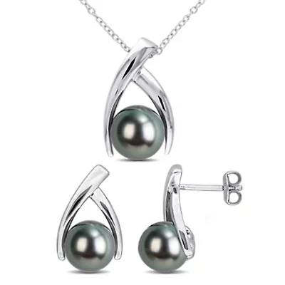 8-8.5mm & 9-10mm Tahitian Cultured Pearl Pendant with Chain & Earrings Set in Sterling Silver - 18 in