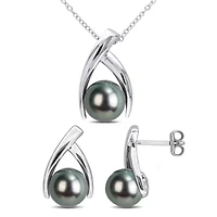 8-8.5mm & 9-10mm Tahitian Cultured Pearl Pendant with Chain & Earrings Set in Sterling Silver - 18 in