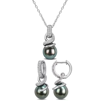 8-8.5mm Tahitian Cultured Pearl & Diamond Drop Pendant & Earrings Set in Sterling Silver - 18 in