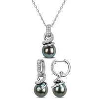 8-8.5mm Tahitian Cultured Pearl & Diamond Drop Pendant & Earrings Set in Sterling Silver - 18 in