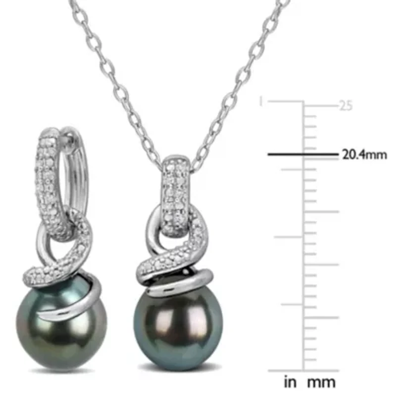 8-8.5mm Tahitian Cultured Pearl & Diamond Drop Pendant & Earrings Set in Sterling Silver - 18 in