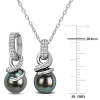 8-8.5mm Tahitian Cultured Pearl & Diamond Drop Pendant & Earrings Set in Sterling Silver - 18 in