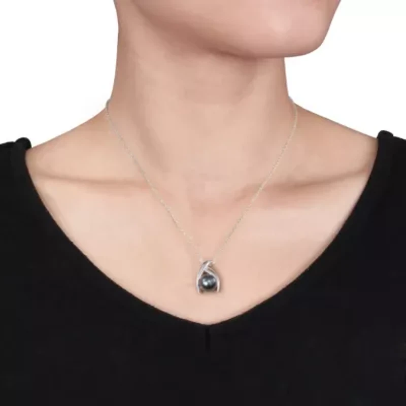 8-8.5mm Tahitian Cultured Pearl & Diamond Drop Pendant & Earrings Set in Sterling Silver - 18 in