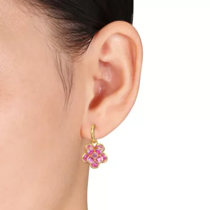 Lab Created Pink Sapphire Hoop Earrings in Yellow Plated Sterling Silver
