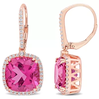 Pink Topaz & White Sapphire Leverback Earrings in Rose Plated Sterling Silver