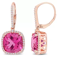 Pink Topaz & White Sapphire Leverback Earrings in Rose Plated Sterling Silver