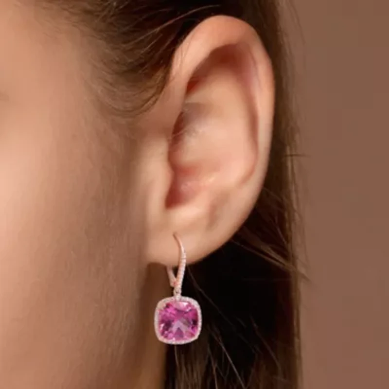 Pink Topaz & White Sapphire Leverback Earrings in Rose Plated Sterling Silver