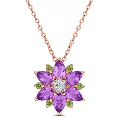 Amethyst, Peridot & Diamond Accent Pendant With Chain in Rose Plated Sterling Silver - 17 in