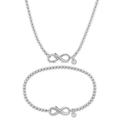 Ball Link Infinity Clasp Necklace and Anklet Set in Sterling Silver, 18"+9"