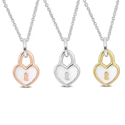 3-Piece Set Heart Lock Charm Enamel Necklace in Tri-Tone Sterling Silver, 18"