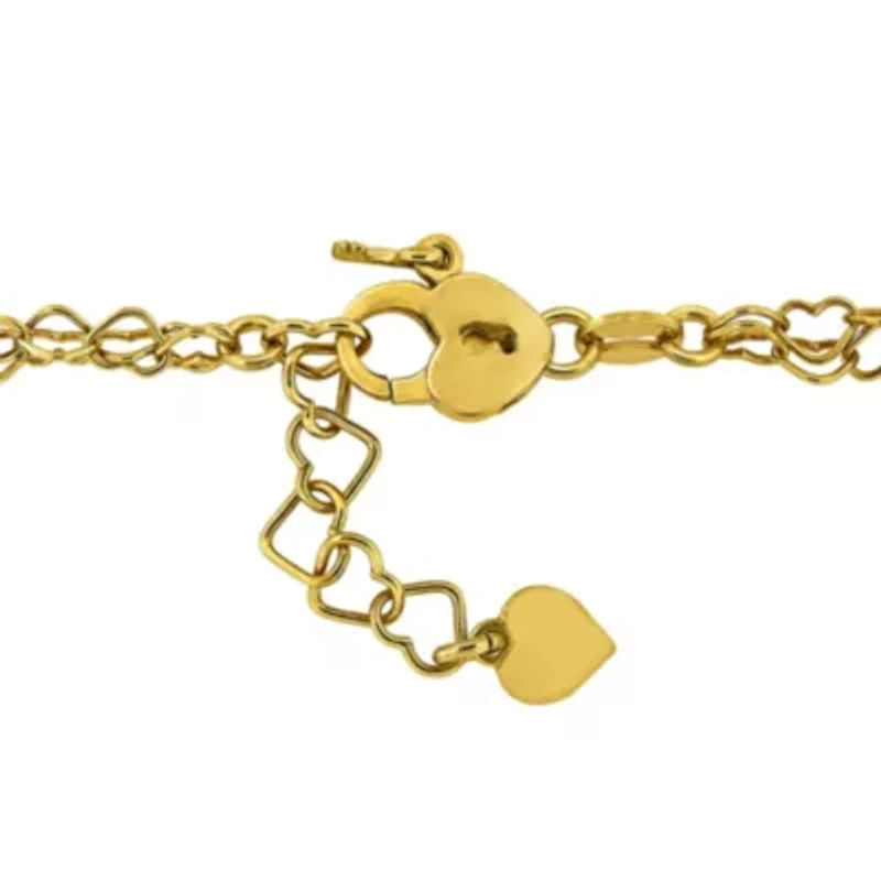 Double Strand Heart Link Bracelet in Yellow Plated Sterling Silver, 6.5"+1"ext