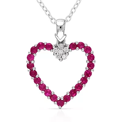 Lab Created Diamond & Ruby Heart Pendant in Sterling Silver- 18 in