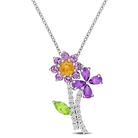 Multi-Gemstone Pendant with Chain in Sterling Silver- 18"+2" Ext.