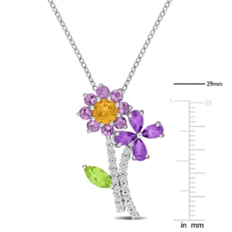 Multi-Gemstone Pendant with Chain in Sterling Silver- 18"+2" Ext.