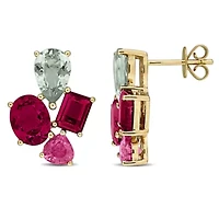 Green & Pink Tourmaline Earrings in 14K Yellow Gold