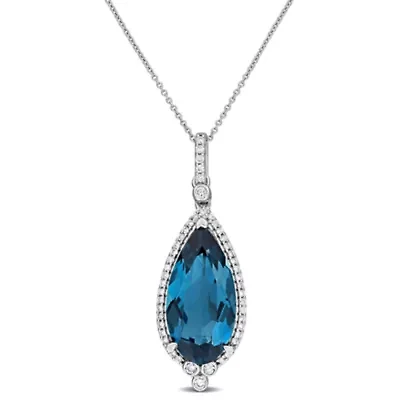 Diamond & London Blue Topaz Pendant with Chain in 10k White Gold- 17 in