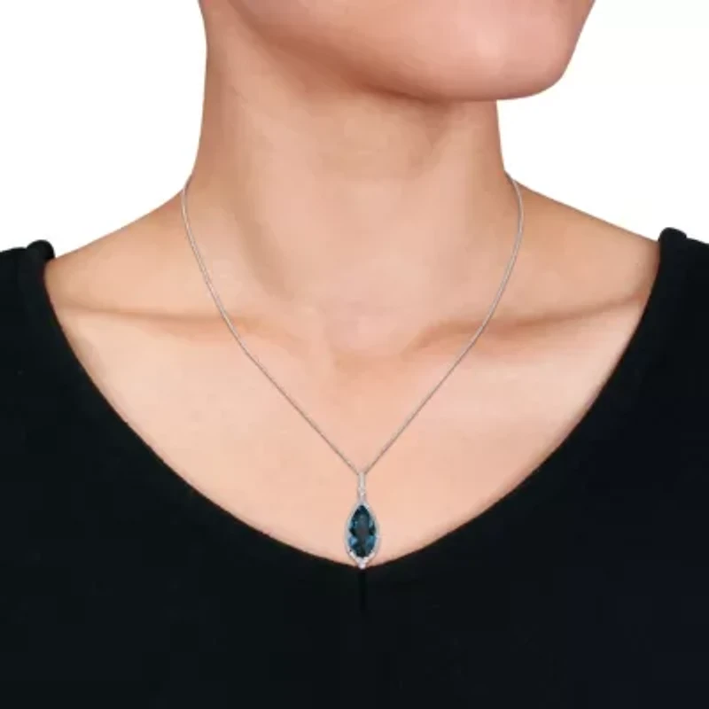 Diamond & London Blue Topaz Pendant with Chain in 10k White Gold- 17 in