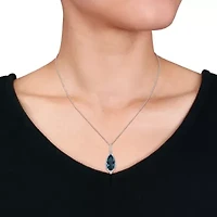 Diamond & London Blue Topaz Pendant with Chain in 10k White Gold- 17 in