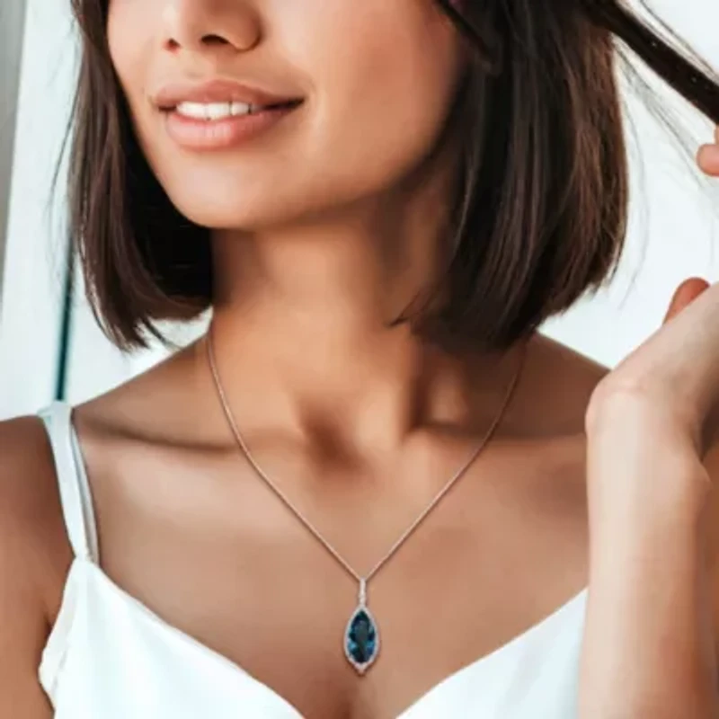 Diamond & London Blue Topaz Pendant with Chain in 10k White Gold- 17 in