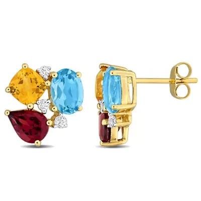 Citrine, Swiss Blue Topaz, Garnet & White Topaz Earrings in 14K Yellow Gold