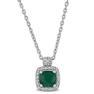 Diamond & Emerald Pendant With Chain in 10k White Gold- 17 in