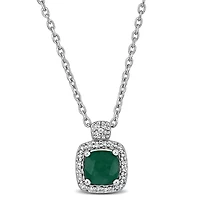 Diamond & Emerald Pendant With Chain in 10k White Gold- 17 in