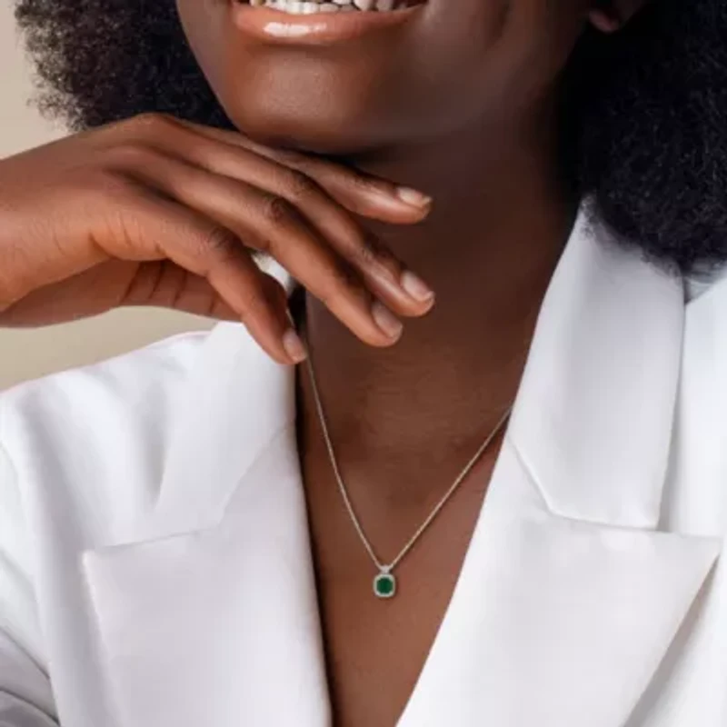 Diamond & Emerald Pendant With Chain in 10k White Gold- 17 in