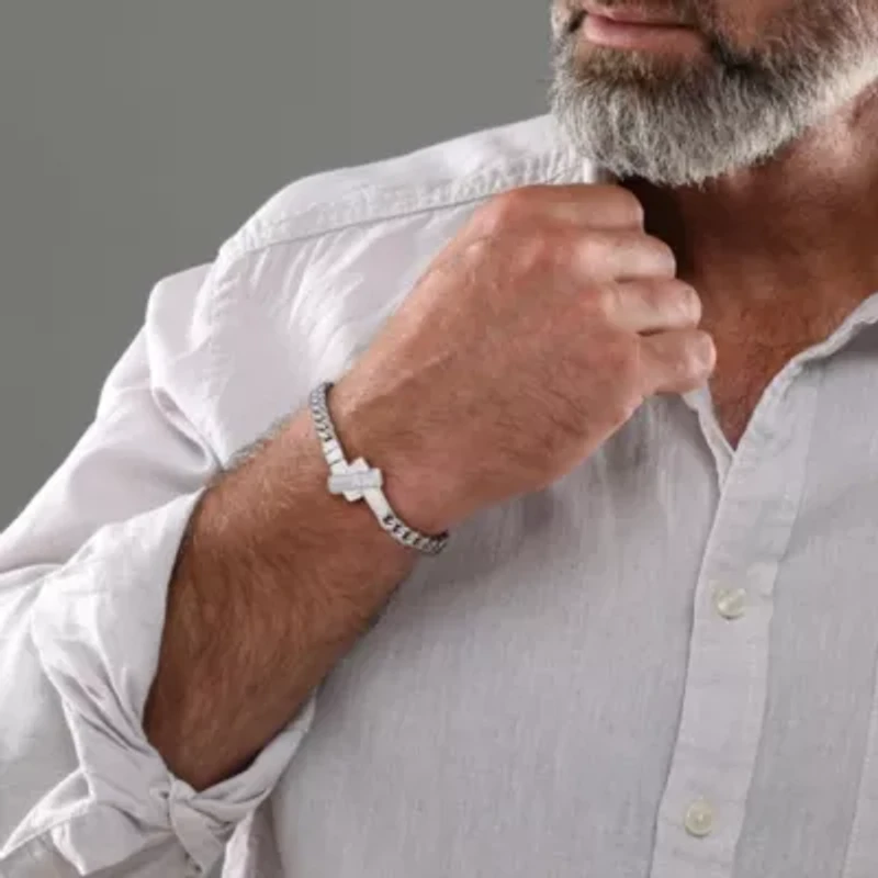 Diamond Crossover Curb Link Bracelet in Sterling Silver - 9 in