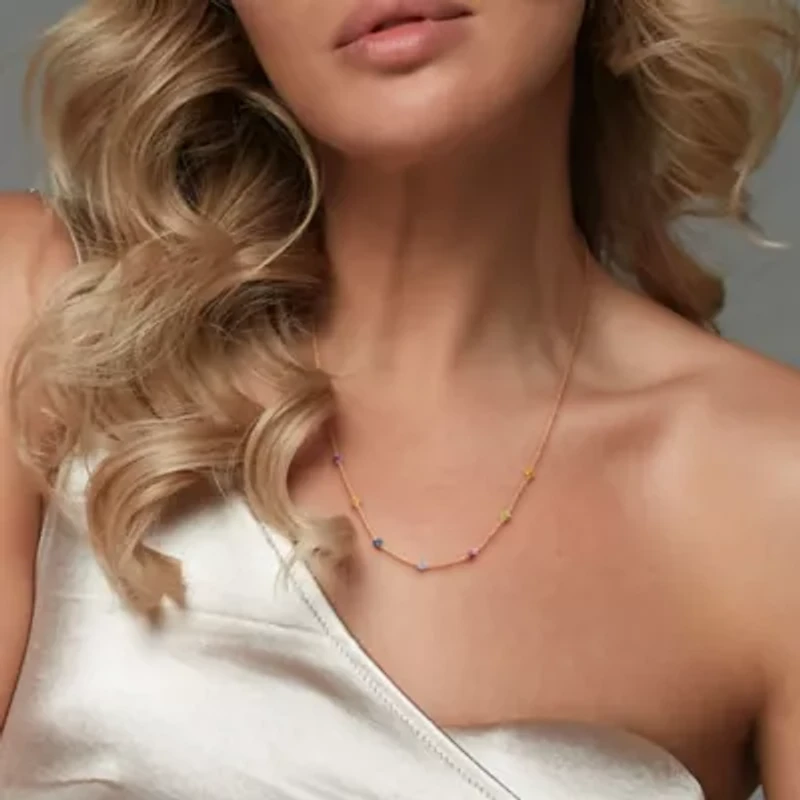Multi-Gem Bead Station Necklace in Yellow Plated Sterling Silver - 17 in