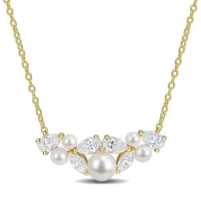 Lab Created 2.5-6mm Freshwater Cultured Pearl & White Moissanite Necklace in Yellow Plated Sterling Silver - 17 in