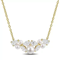 Lab Created 2.5-6mm Freshwater Cultured Pearl & White Moissanite Necklace in Yellow Plated Sterling Silver - 17 in