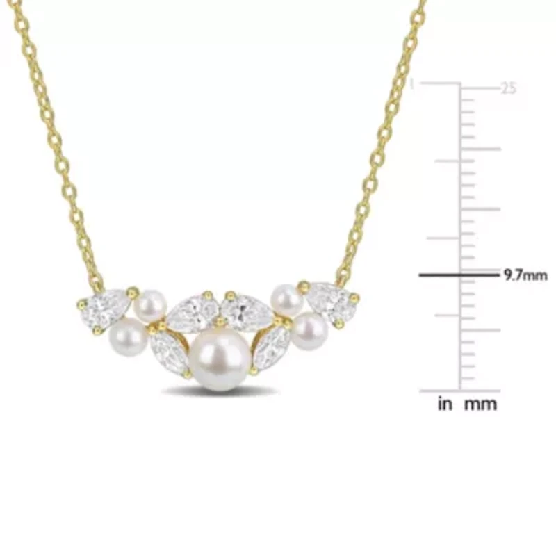 Lab Created 2.5-6mm Freshwater Cultured Pearl & White Moissanite Necklace in Yellow Plated Sterling Silver - 17 in