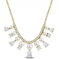 Lab Created 2.5-5mm Freshwater Cultured Pearl & White Moissanite Necklace in Yellow Plated Sterling Silver - 17 in