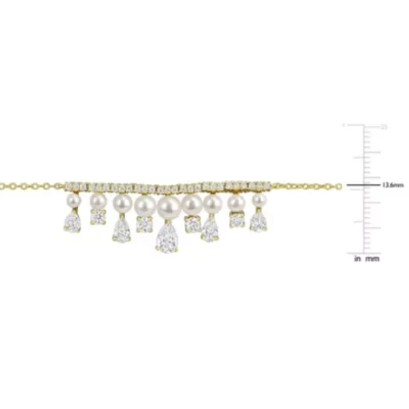 Lab Created 2.5-5mm Freshwater Cultured Pearl & White Moissanite Necklace in Yellow Plated Sterling Silver - 17 in
