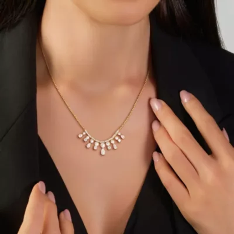 Lab Created 2.5-5mm Freshwater Cultured Pearl & White Moissanite Necklace in Yellow Plated Sterling Silver - 17 in